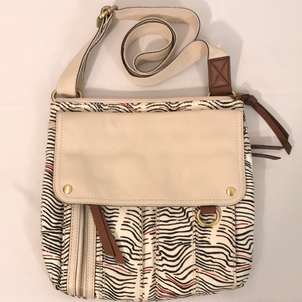 FOSSIL Morgan Cream Leather & Zebra Stripe Canvas